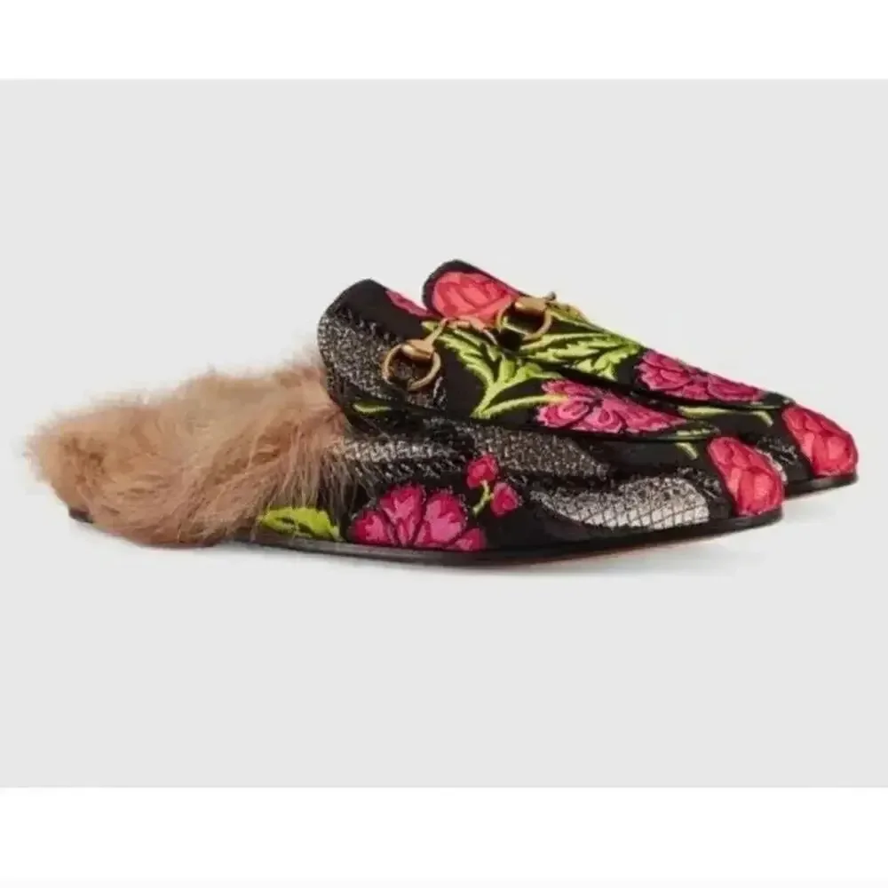 GUCCI Black Floral Brocade Jacquard FUR Princetown Slippers‎ Loafers Size 5.5 - Picture 2 of 13